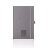 A5 notebook in grey with debossed Warwick Business School logo on the front cover