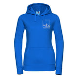 Ladies hooded sweatshirts in blue with Warwick Business School logo in white on left chest