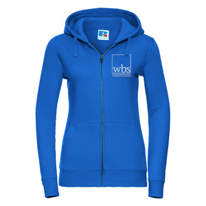 Womens zip up hoodie in blue with Warwick Business School logo in white on left chest