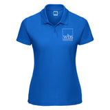 WBS polo shirt for women in blue with Warwick Business School logo embroidered in white on the left chest.