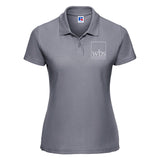 WBS polo shirt for women in grey with Warwick Business School logo embroidered in white on the left chest.