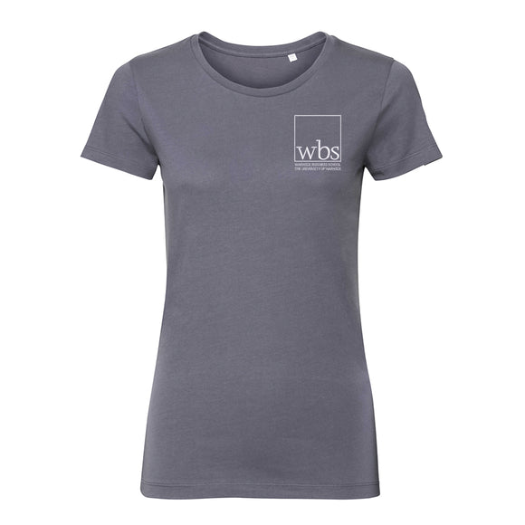 WBS womens cotton tshirt in grey with Warwick Business School logo embroidered on the left chest.