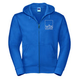 Mens zip up hoodie in blue with Warwick Business School logo in white on left chest