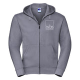 Mens zip up hoodie in grey with Warwick Business School logo in white on left chest