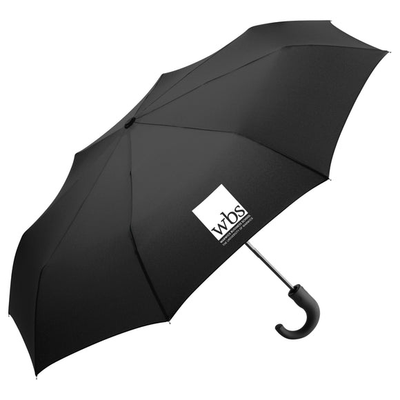 Warwick Business School compact umbrella in black with WBS logo on one panel