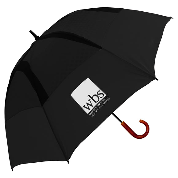 Warwick Business School vented sports umbrella in black with elm wood handle and WBS logo on one panel