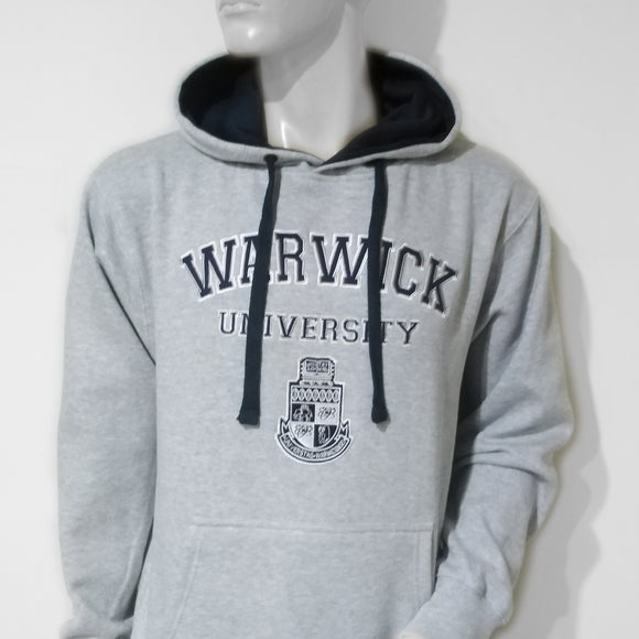 Applique designs hoodie in grey with contrasting navy lining, drawstring ties and embroidered with Warwick University and Warwick crest in navy