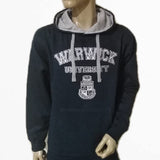 Applique designs hoodie in navy with contrasting grey lining, drawstring ties and embroidered with Warwick University and Warwick crest in white
