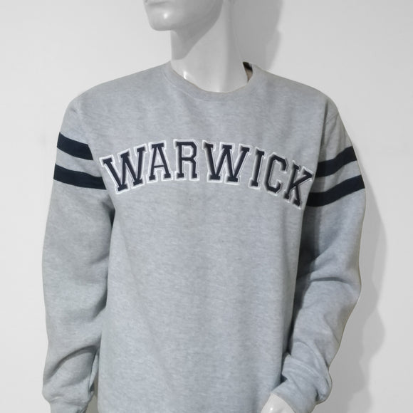 Warwick college sweatshirts in grey with Warwick embroidered in navy on the front and two navy stripes on each upper arm