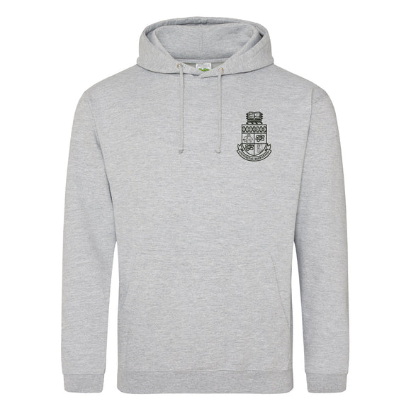 Graduation range unisex hoodie in grey with the University of Warwick crest embroidered on the left breast. 
