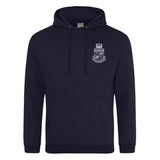 Graduation range unisex hoodie in navy with the University of Warwick crest embroidered on the left breast. 