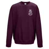 University sweatshirts in burgundy with the University of Warwick crest embroidered in white to the left breast.