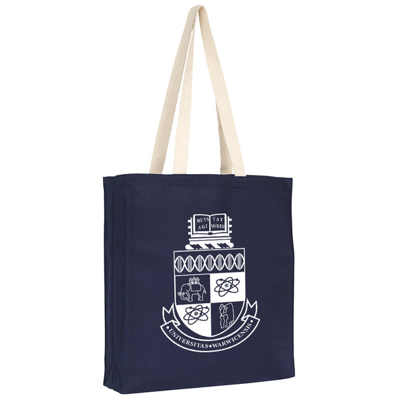 Navy cotton tote bag with colour contrasted straps and the University Crest on one side printed in white.