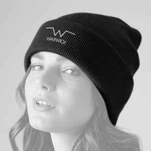 Black beanie hat with University of Warwick Keyline logo embroidered in white on the front