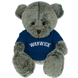 Warwick memory keepsake bear wearing a blue tshirt featuring the word Warwick