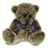 Warwick memory keepsake bear in cocoa colour with a purple satin Warwick bow tie