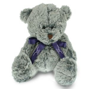 Warwick memory keepsake bear in mulberry colour with a purple satin Warwick bow tie