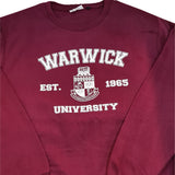 Warwick unisex sweatshirt in burgundy with Warwick University, Warwick crest and est. 1965 printed on the front in white