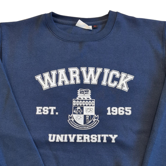 Warwick unisex sweatshirt in navy with Warwick University, Warwick crest and est. 1965 printed on the front in white