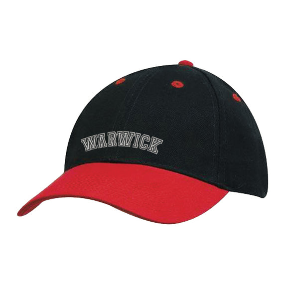 University of Warwick baseball cap in black with red peak, and embroidered with Warwick in white.